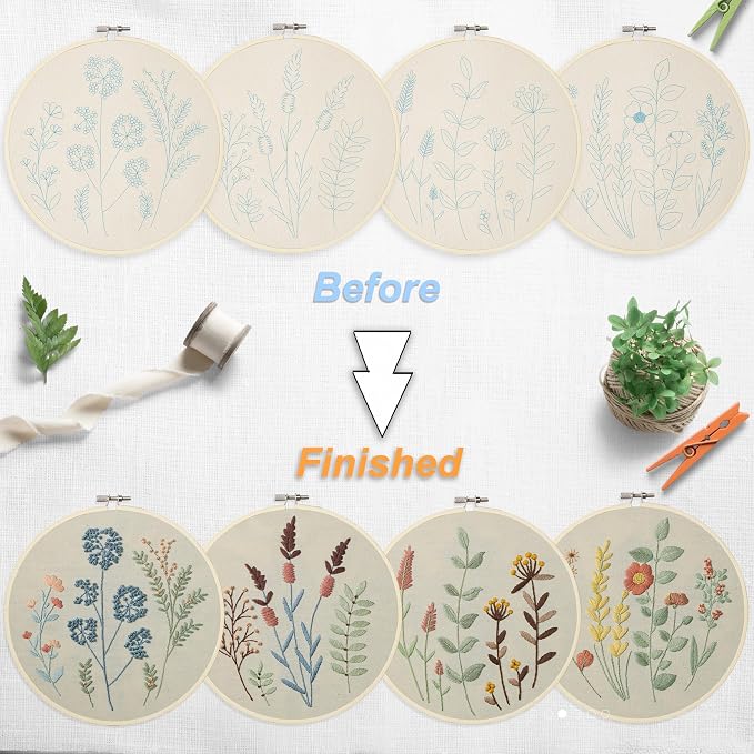 Bonroy 4 Sets Embroidery Kit for Beginners,Embroidery Kit for Art Craft Handy Sewing Include Embroidery Clothes with Pattern,Embroidery Hoops, Instructions,Color Threads Needle Kit (Multi 5)