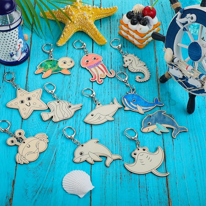Trnayi 36 Pcs Sea Life Unfinished Wood Keychain Color Your Own DIY Craft | Sea Life Wooden Keychains, Color Your Own Unfinished Crafts, Blank Wood Painting DIY Crafts, for Home Activities Art Project