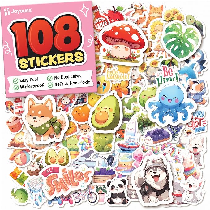 Cute Stickers for Kids Classroom Decor - 108pc Kawaii Water Bottle Stickers for Teens - Waterproof Vinyl Teacher Reward Stickers for Water Bottles - Back to School Supplies - Classroom Must Haves