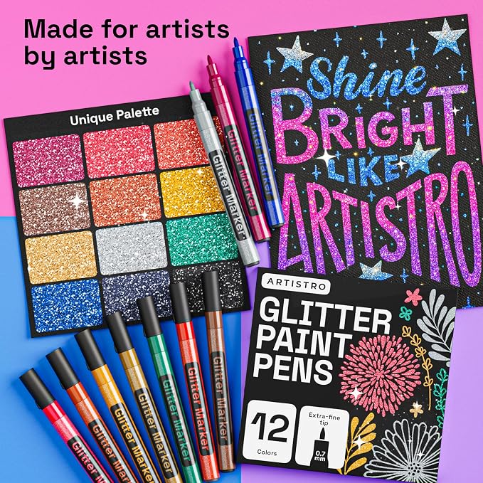 ARTISTRO 12 Glitter Paint Pens for Glass Marking - Extra-Fine Tip
