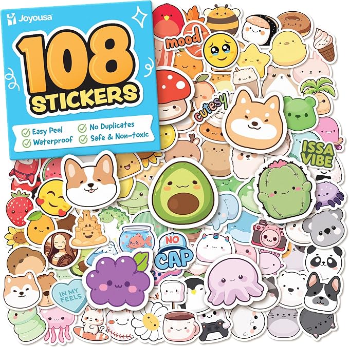Cute Stickers for Kids Classroom Decor - 108pc Kawaii Water Bottle Stickers for Teens - Waterproof Vinyl Teacher Reward Stickers for Water Bottles - Back to School Supplies - Classroom Must Haves