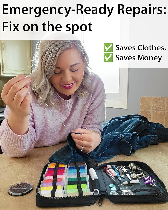 Vellostar Sewing Kit for Adults, 100-Piece Needle and Thread Travel Kit | Beginner-friendly hand sewing kit with 24 thread colors for quick clothing repairs, missing buttons, small tears & loose hems