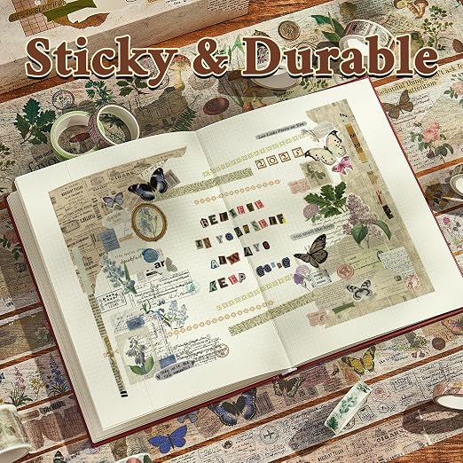 Vintage Washi Tape Set 24 Rolls,Decorative Masking Tape for Junk Journal,Scrapbooking Supplies,DIY Crafting Supplies