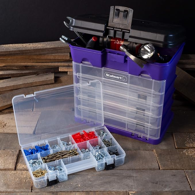 Storage and Tool Box-Durable Organizer Utility Box-4 Drawers with 19 Compartments Each for Hardware, Fish Tackle, Beads, and More by Stalwart (Purple)