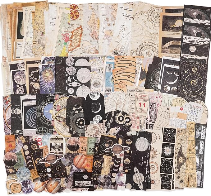 Knaid Vintage Scrapbook Supplies Pack (200 Pieces) for Witchy Junk Journal Bullet Journals Planners Space Moon Paper Stickers Craft Kits Collage (Celestial)