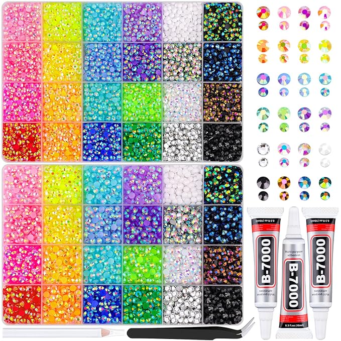 2 Boxes Resin Rhinestones with Tweezers for Crafting, 16000Pcs Mixed-Color 4mm&5mm Bedazzling Crystal with 3Pcs 10ml B7000 Jewelry Glue for DIY Crafts Clothing Tumblers Shoes Fabric Nail Art