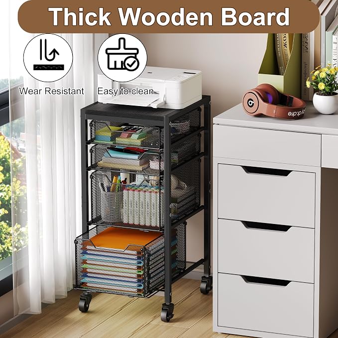 Rolling Storage Cart with Drawers, Under Desk Storage with Wooden Tabletop & Lockable Wheels, 4-Tier Storage Drawers for Bathroom, Craft, Office, Black