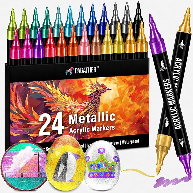 Pagather Metallic Acrylic Paint Markers, 24 Colors Dual Tip Pens Set | For Rocks, Fabric, Wood, Glass & More, Perfect for DIY Crafts and Creative Art Projects with Bright, Smooth and Quick-Dry Ink