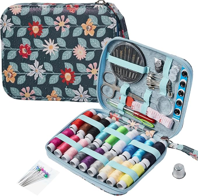 Printing Vines Sewing Project Kits,Travel Portable Sewing Set with Zipper Sewing Case,87 PCS Professional Sewing Supplies Accessory for Adults,Emergency, Home