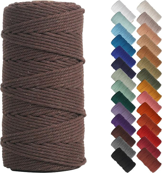 NOANTA Dark Coffee Macrame Cord 3mm x 220yards, Cotton Rope Macrame Yarn | Macrame Rope Supplies, 3 Strand Twisted Cotton Yarn String, Cotton Cord for Wall Hanging, Plant Hangers, Crafts, Knitting