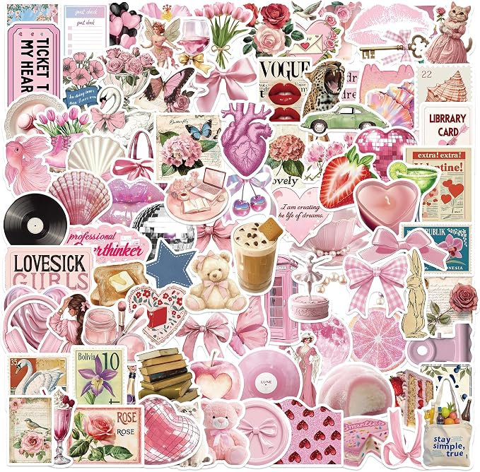 100pcs Vintage Pink Girls Stickers Coquette Pink Aesthetic Stickers for Water Bottles,Laptop Scrapbook Waterproof Computer Phone Guitar Aesthetic Decals