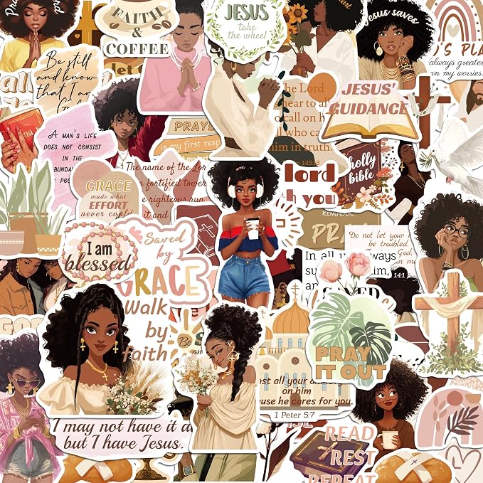 260+ Christian Stickers for Black Girls, Waterproof Vinyl Religious Bible Verse Sticker Book for Water Bottle Laptop Scrapbook Journaling Planner, Bible Study Prayer Vision Board Supplies for Women