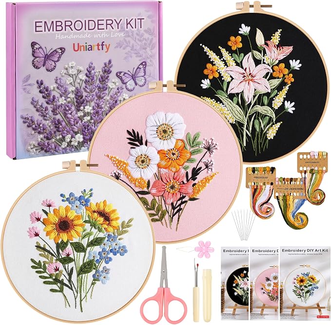 Uniartfy 3 Sets Embroidery Kit for Adults, Flower Pattern Embroidery Practice Kits for Beginners, Needlepoint Cross Stitch Kits Include Hoop, Colorful Threads, Tools, Easy to Learn Video & Instruction