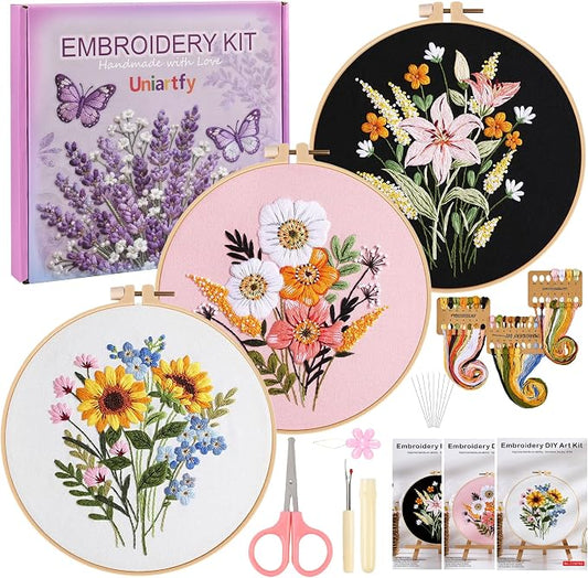 Uniartfy 3 Sets Embroidery Kit for Adults, Flower Pattern Embroidery Practice Kits for Beginners, Needlepoint Cross Stitch Kits Include Hoop, Colorful Threads, Tools, Easy to Learn Video & Instruction