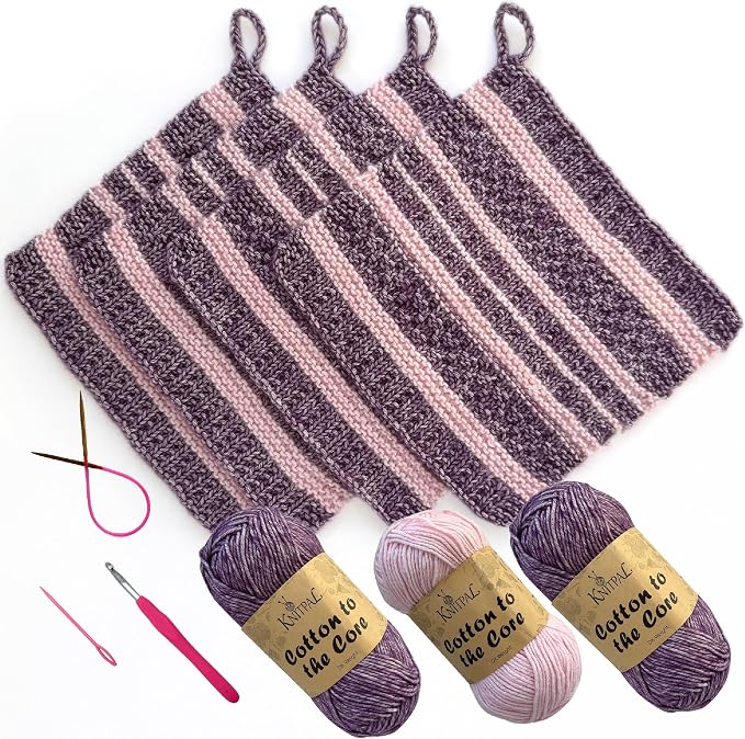 KnitPal Dishcloth Knitting Kit for Beginners (Plum Purple + Blush Pink)