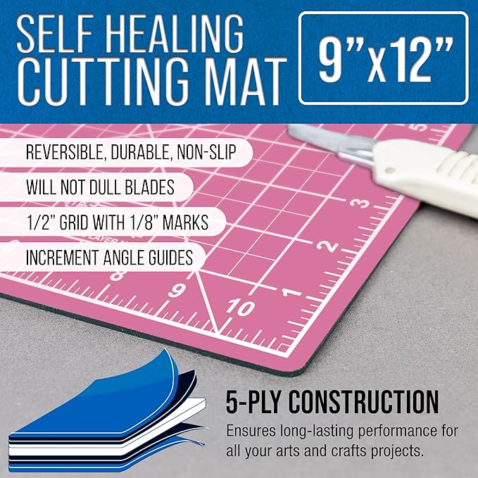 U.S. Art Supply 9"x12" Self-Healing Cutting Mat 5-Ply Pink/Blue | Double-Sided Pink/Blue Craft Mat, Non-Slip Cutting Mats for Crafts, Sewing, Quilting, Scrapbooking