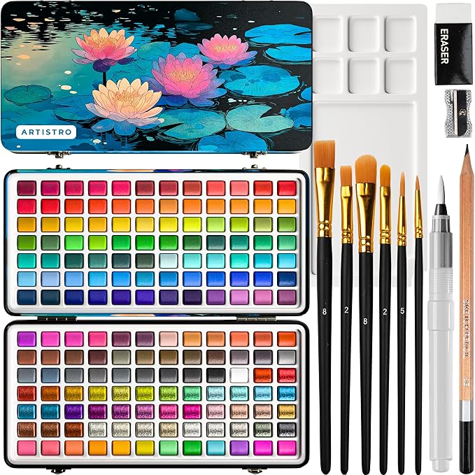 ARTISTRO Watercolor Paint Set with Palette & Brush Pens - 168 Colors | Portable Paint Art Kit, Travel Water Color Set, For Adults, Professionals, & Kids, Art & Painting Supplies, Gift Idea
