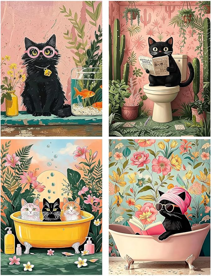 mrpwnle 4 Pack Cat Diamond Art Kits for Adults, Black Cat Diamond Painting