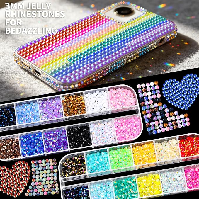 FANDAMEI 5 Boxes 10000PCS Bedazzling Kit, Multi-color Rhinestones for Bedazzling with Jewelry Glue, Flat Back Resin Jelly Gems for Crafts, Nail Rhinestones with Nail Brushes, Dotting Tools