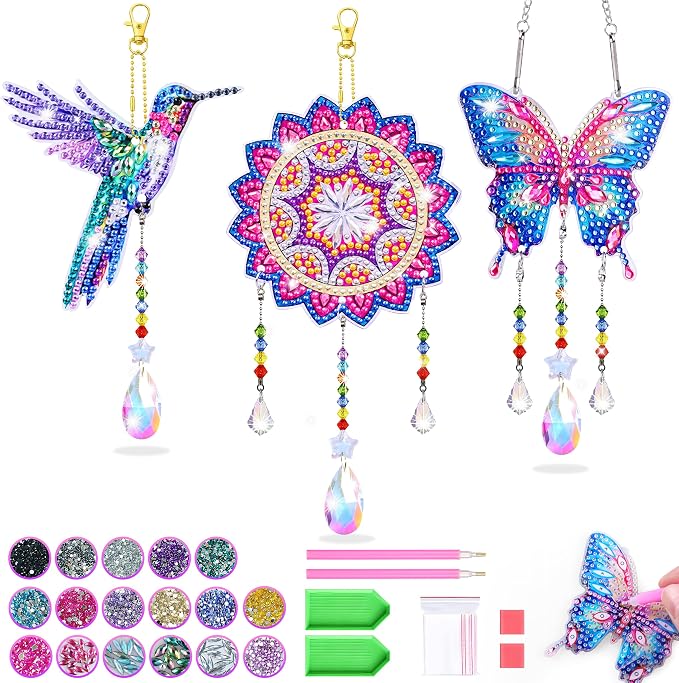 Diamond Art Kits for Kids Ages 8-12, 3 PCS DIY Gem Art Suncatchers for Kids