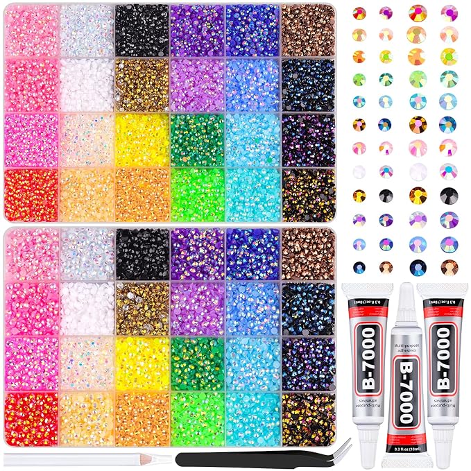 2 Boxes Jelly Rhinestones for Bedazzling, 46000Pcs 3mm&4mm Multicolor Flatback Resin Gems for Crafting, Bedazzler Kit with 3Pcs 10ml B7000 Jewelry Glue for DIY Crafts Tumblers Fabric Decor Nail Art