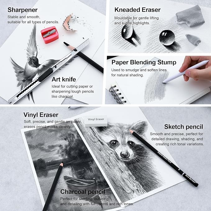 24PCS Professional Sketch Pencil Set – 5H to 14B Pencils, Charcoal Pencils, Art Supplies Kit with Erasers, Sharpener, Knife – Ideal Gift for Artists, Students, Kids, Beginners