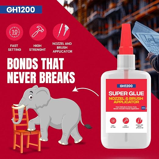 GH1200 (2-in-1) Super Glue with Brush Applicator & Nozzle, Mess Free Superglue Brush, Instant Never Dries, 3000 CPS Ca Glue, No Stain Clear Glue, Super Glue for Plastic, Rubber & More
