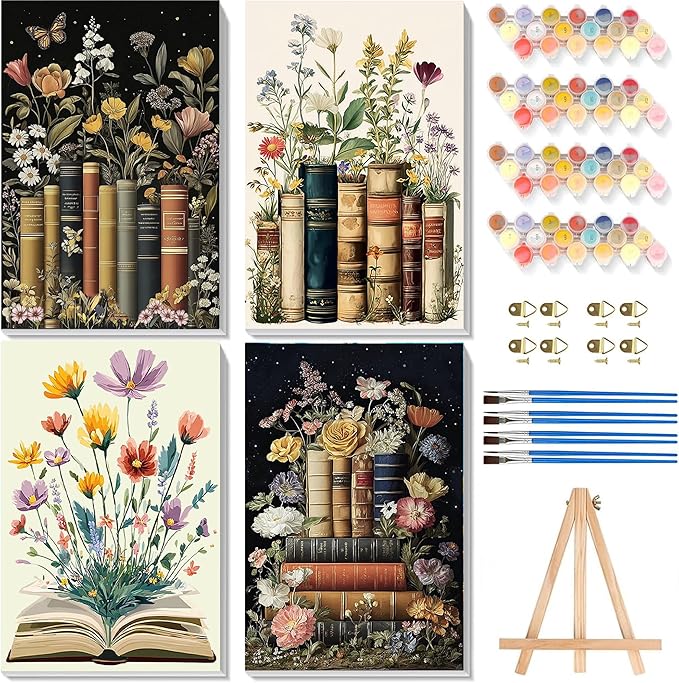 4 Pack Book Paint by Numbers for Adults with Framed Canvas - Wooden Easel | Book Paint by Number for Beginners, Flowers Acrylic Oil Painting on Canvas with Brushes for Home Wall Decor (8x12 inch)