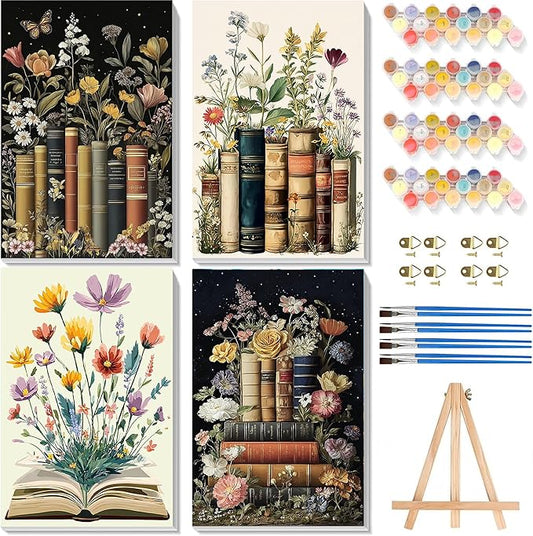 4 Pack Book Paint by Numbers for Adults with Framed Canvas - Wooden Easel | Book Paint by Number for Beginners, Flowers Acrylic Oil Painting on Canvas with Brushes for Home Wall Decor (8x12 inch)
