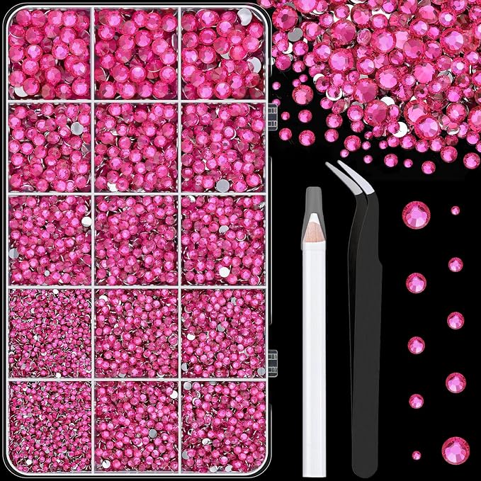 16000Pcs Resin Rhinestones with Tweezers for Crafting, Hot Pink 2-6mm Mixed Sizes Non Hotfix Flatback Gems, Bedazzling Crystal for DIY Crafts Clothing Tumblers Mugs Shoes Fabric Decor Nail Art