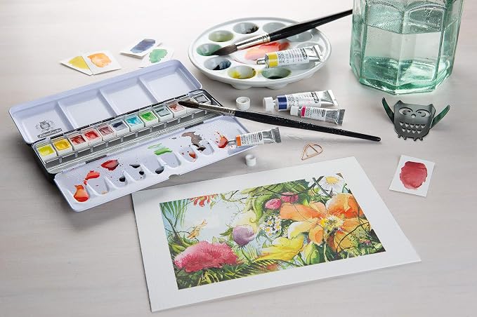 Schmincke - HORADAM AQUARELL Compact Color Box with 12 Finest Watercolor Colors, 1 Davinci Brush, 74 012 097, Metal Box, Painting Set, Finest Watercolor Colors, 12 x 1/2 Pans