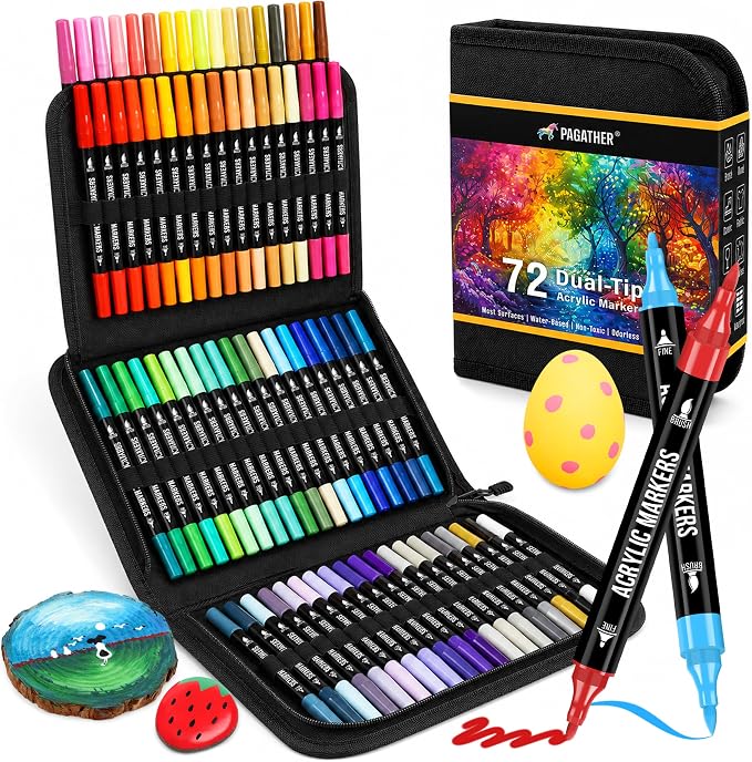 Pagather Acrylic Paint Markers, 72 Colors Dual Tip Fine & Brush Pens Set | For Rocks, Fabric, Wood, Glass & More, Perfect for DIY Crafts and Creative Art Projects with Bright, Smooth and Quick-Dry Ink