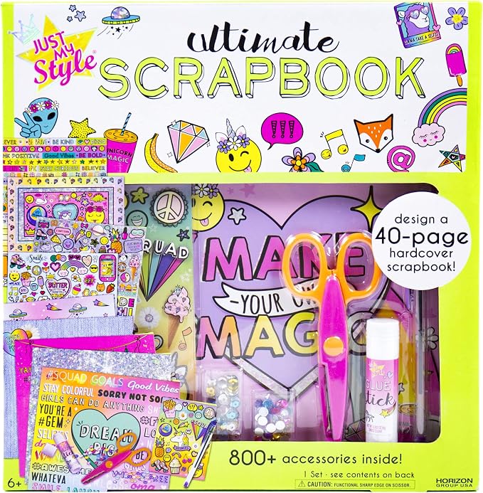 Just My Style Ultimate Scrapbook, Personalize and Decorate A 40-Page DIY Scrapbook, Great for Travel, Road Trips & On-The-Go, Memory Keeper Scrap Book for Kids & Tween Ages 6, 7, 8, 9,Beige