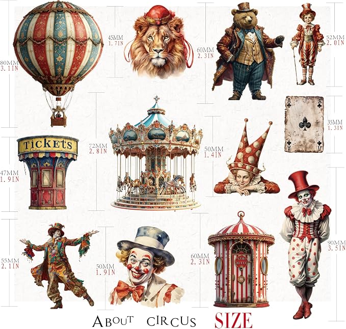 CATaireen Vintage Junk Journal Ephemera Scrapbooking Supplies Translucent Vellum Paper Stickers Card Making Decal Art Aesthetic for Adults (Character Circus)