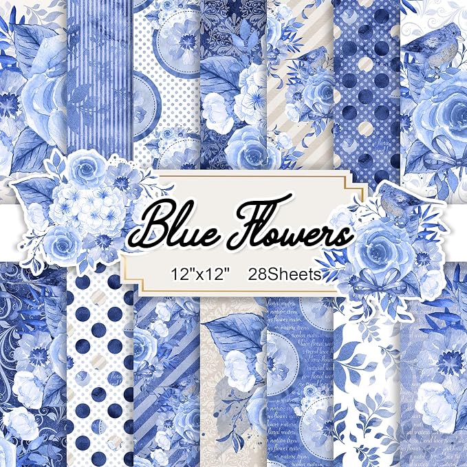 28 Sheets Scrapbook Paper, Floral Scrapbooking Specialty Papers 160gsm Cardmaking Craft Paper Pack Decorative Paper for Card Making (12"X12" Inch, Blue Flowers)