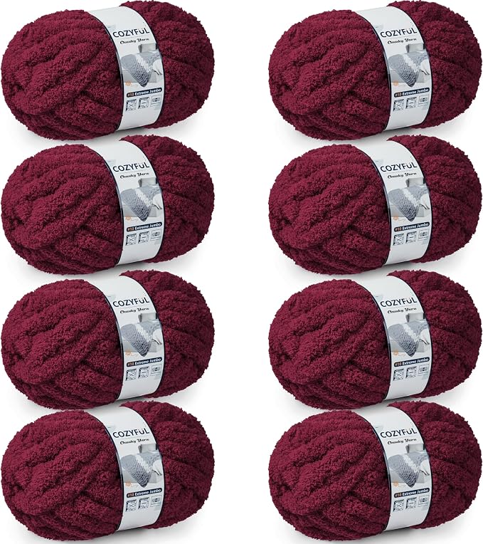 Cozyful Chunky Yarn for Hand Knitting - #10 Chunky Chenille Yarn, Jumbo Big Thick Chunky Yarns for Crocheting, Super Bulky Chunky Knit Blanket Yarns, 8 Skein (22 yds 8 oz Each Skein), Burgundy