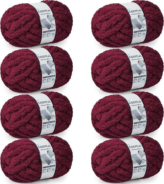 Cozyful Chunky Yarn for Hand Knitting - #10 Chunky Chenille Yarn, Jumbo Big Thick Chunky Yarns for Crocheting, Super Bulky Chunky Knit Blanket Yarns, 8 Skein (22 yds 8 oz Each Skein), Burgundy