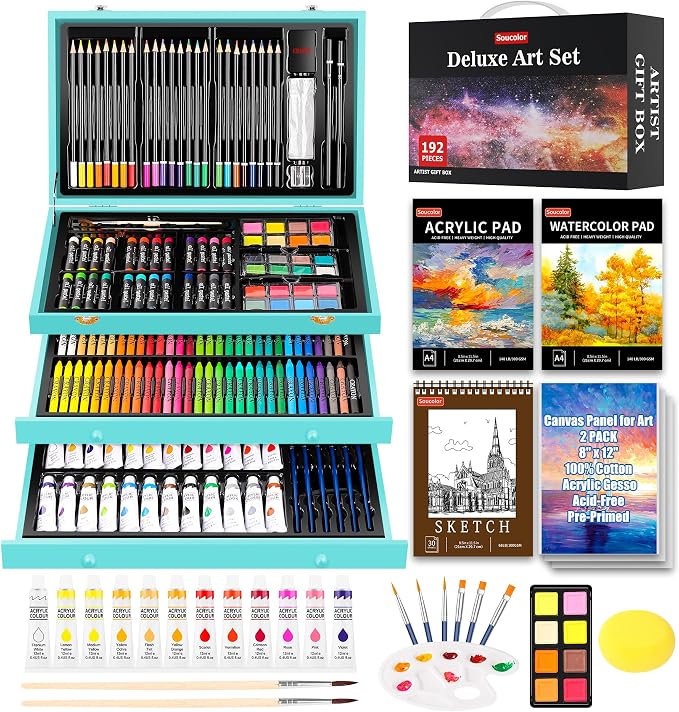 Soucolor Art Supplies, 192-Pack Deluxe Art Set Drawing Painting Supplies | Art Kit with Acrylic Pad, Watercolor Pad, Sketch Book, Canvases, Acrylic Paint, Crayons, Pencils, Gifts for Artists Adults