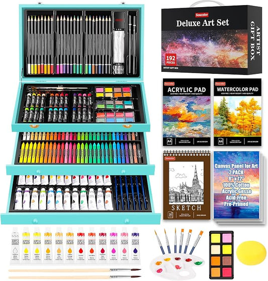Soucolor Art Supplies, 192-Pack Deluxe Art Set Drawing Painting Supplies | Art Kit with Acrylic Pad, Watercolor Pad, Sketch Book, Canvases, Acrylic Paint, Crayons, Pencils, Gifts for Artists Adults