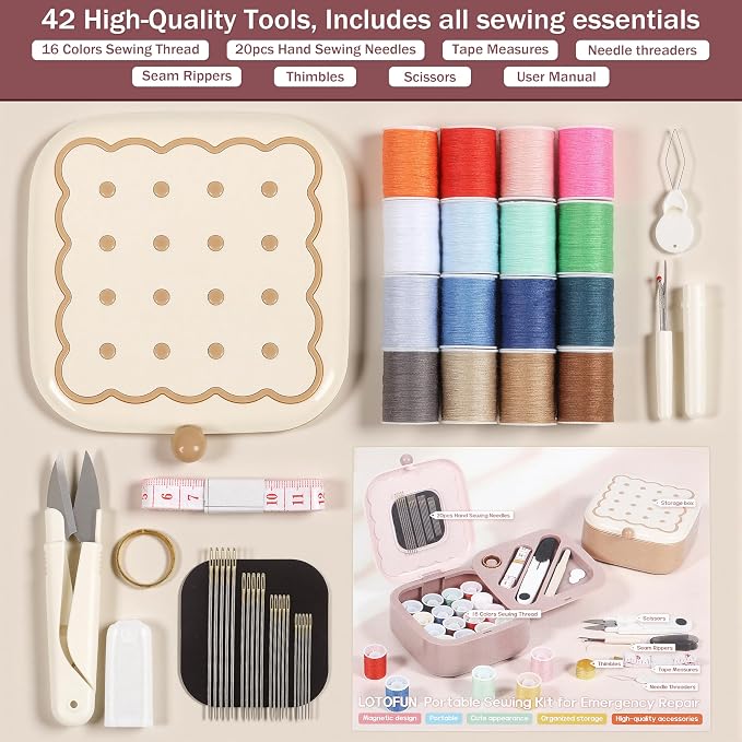 LOTOFUN Small Sewing Kit Box: Cookie Design Portable 2-Layer Organizer Magnetic Needle and Thread Kits Holder Basic Case - Travel Emergency Clothes Repair for Adults (Beige)