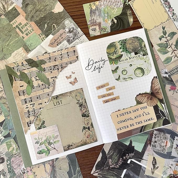 BoomTeck Vintage Scrapbooking Kit, Aesthetic Junk Journal Supplies with Scrapbook Paper, Washi Stickers, A6 Grid Notebook - DIY Craft Journaling Gift for Teen Girl Adult (Green)