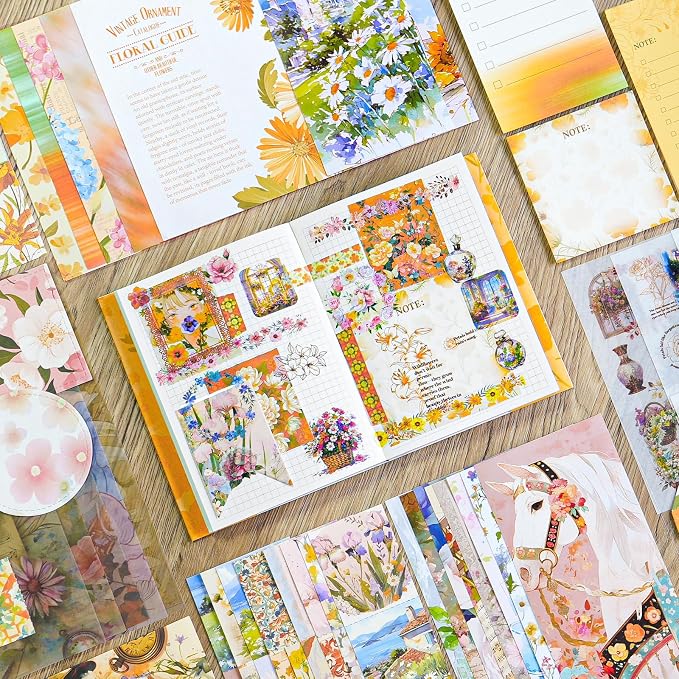 Aromoty Scrapbooking Supplies Kit, Botanical Aesthetic Vintage Scrapbook Kit for Bullet Junk Journal A6 Grid Notebook Stationary (Centaury Love)