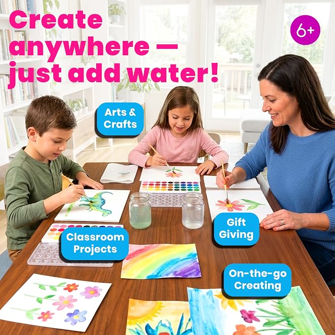 Ooly Chroma Blends Neon Watercolor Paint Set | Ages 6+, Bright Neon Colors in a Portable Case, Brush Included, Watercolor Art Supplies for Creative Kids and Adults