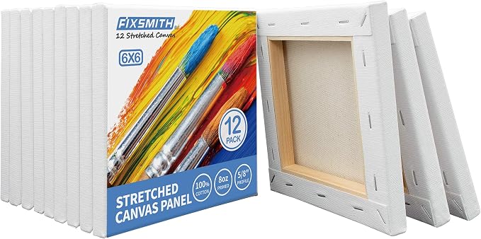 FIXSMITH Stretched Canvas for Painting - 6x6 White Canvas Bulk Pack of 12,Primed,100% Cotton,5/8 Inch Profile of Super Value Pack for Acrylics,Oils & Other Painting Media.