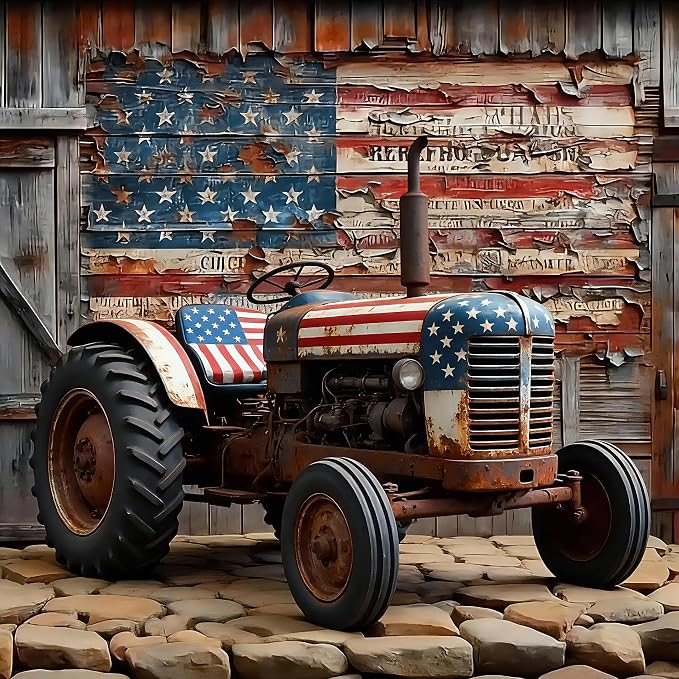 American Flag Tractor Diamond Art Kit for Adults Rustic Farmhouse 13.7"
