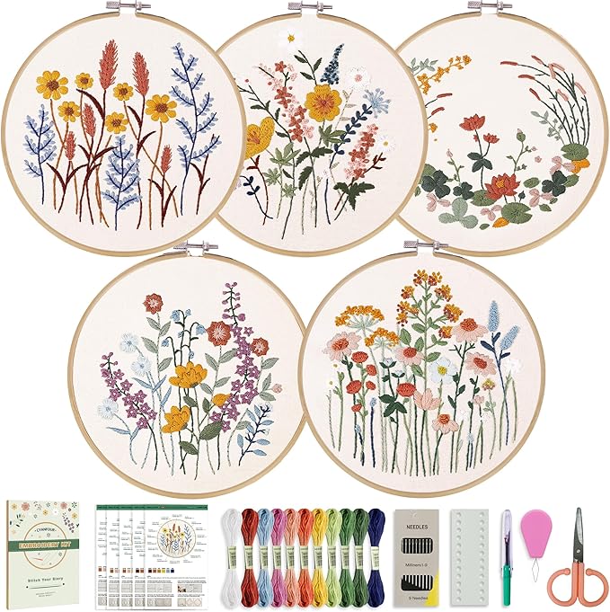 CYANFOUR 5 Pack Beginner Embroidery Kit for Adults with Video & Instruction | Easy to Learn Floral Embroidery Patterns, Includes Multiple Accessories, Gift for Craft Lovers