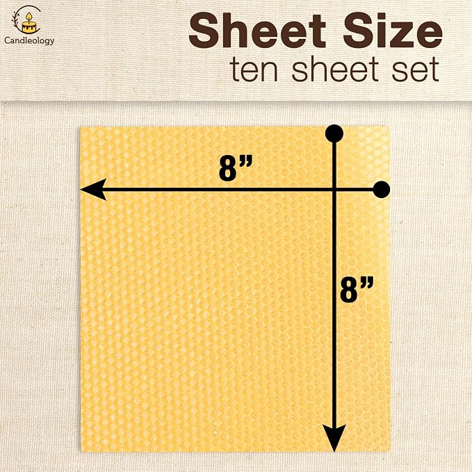 Natural Beeswax Sheets for Candle Making (10-Sheet Pack with Cotton Wicks) Natural Yellow Tone - DIY Beeswax Candle Rolling Kit for Kids & Adults
