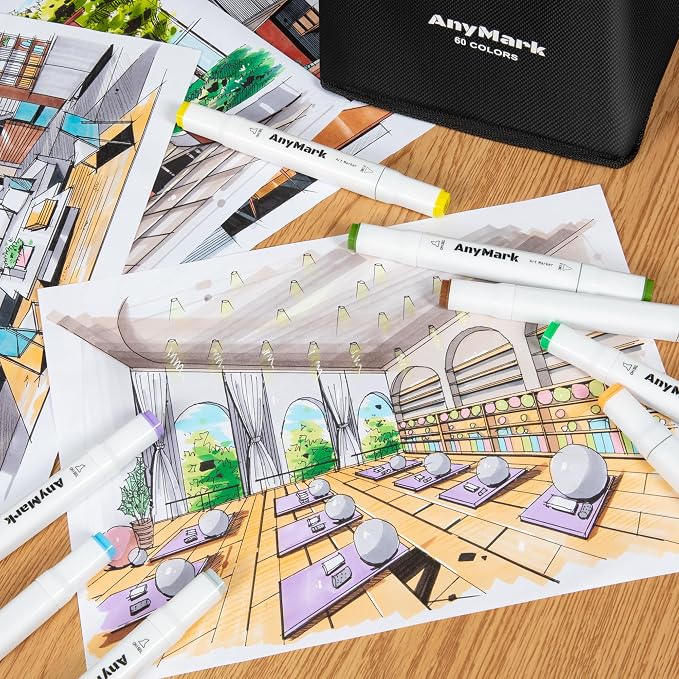 AnyMark 60 Colors Alcohol Markers Chisel & Fine Dual Tip | Coloring Markers Set for Adult Book Drawing Sketching Painting, Illustration, White Penholder