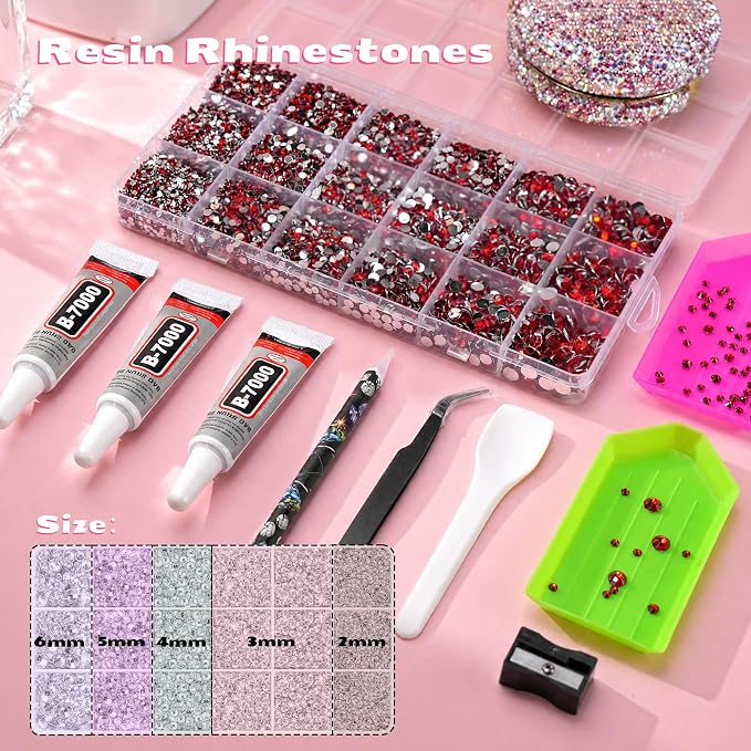32000 Pcs Resin Jelly Rhinestones Kit, Red 2/3/4/5/6mm Flatback Rhinestones with 3 Pcs B7000 Jewelry Glue & Tools, All-in-One Bedazzling Kit for DIY Arts & Crafts Gifts