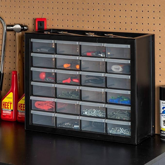 IRIS USA 24-Drawer Plastic Storage Cabinet, Teacher Toolbox, Garage, Black | Wall mountable, Stackable, Small Business Scrapbook Art Balloons Building Bricks Crafts Stickers Storage